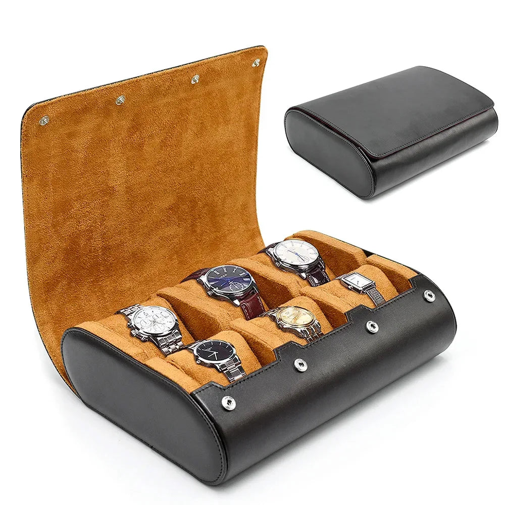 Six‑Watch Storage Case in Black & Ochre Faux Leather