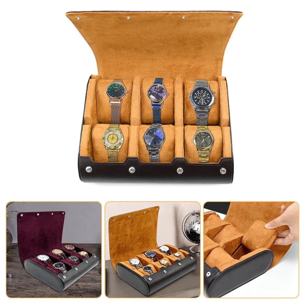Six‑Watch Storage Case in Black & Ochre Faux Leather