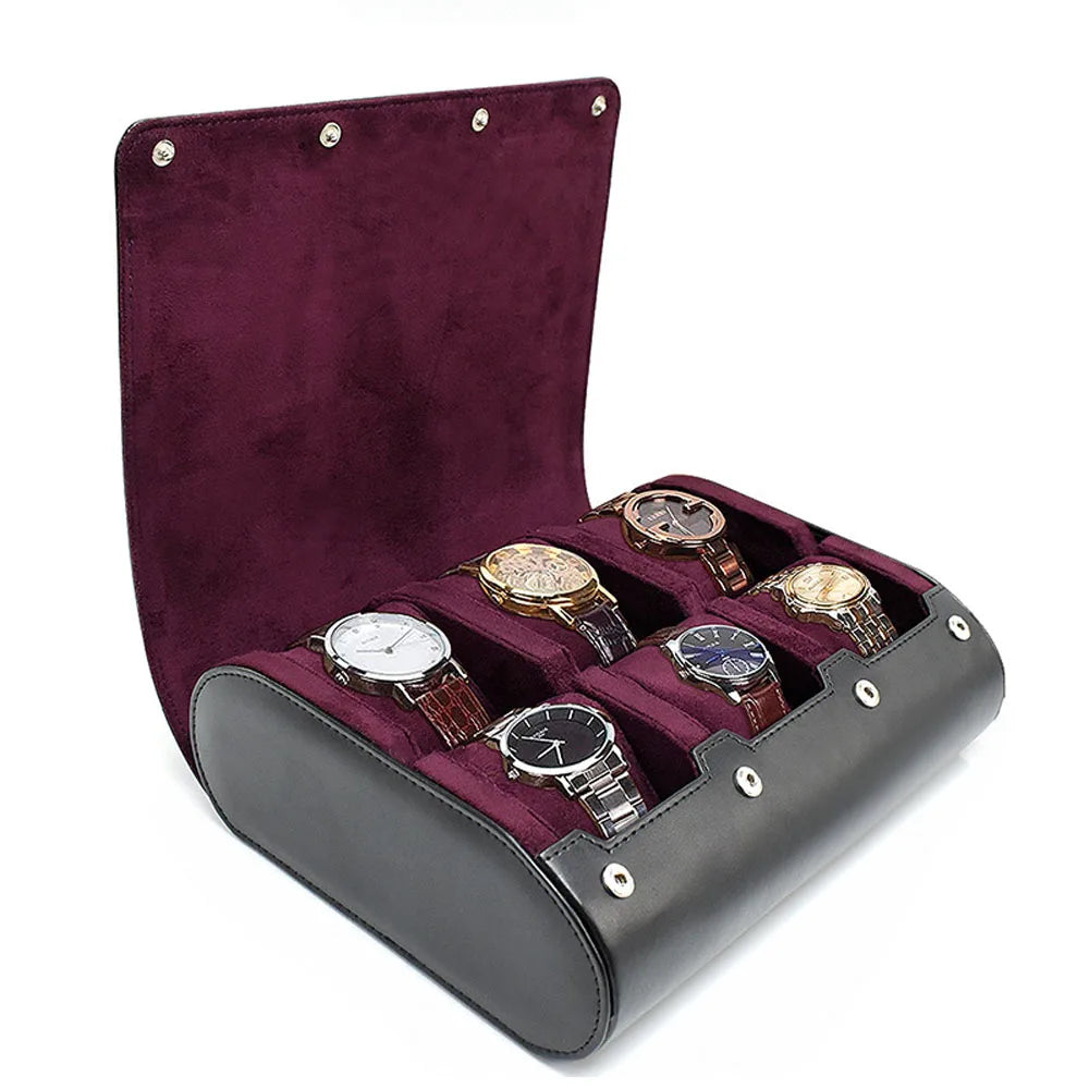 Six‑Watch Storage Case in Black & Ochre Faux Leather