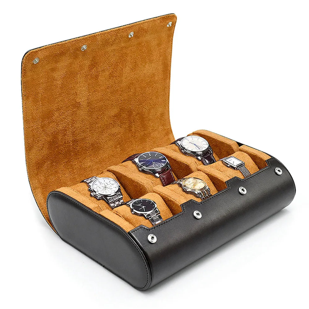 Six‑Watch Storage Case in Black & Ochre Faux Leather